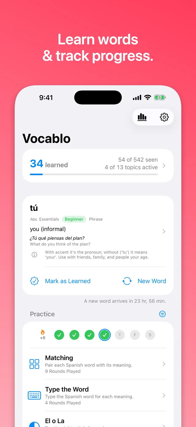 Vocablo home screen showing learning progress: 34 words learned, practice streak, and the games list — with no account or sign-in anywhere