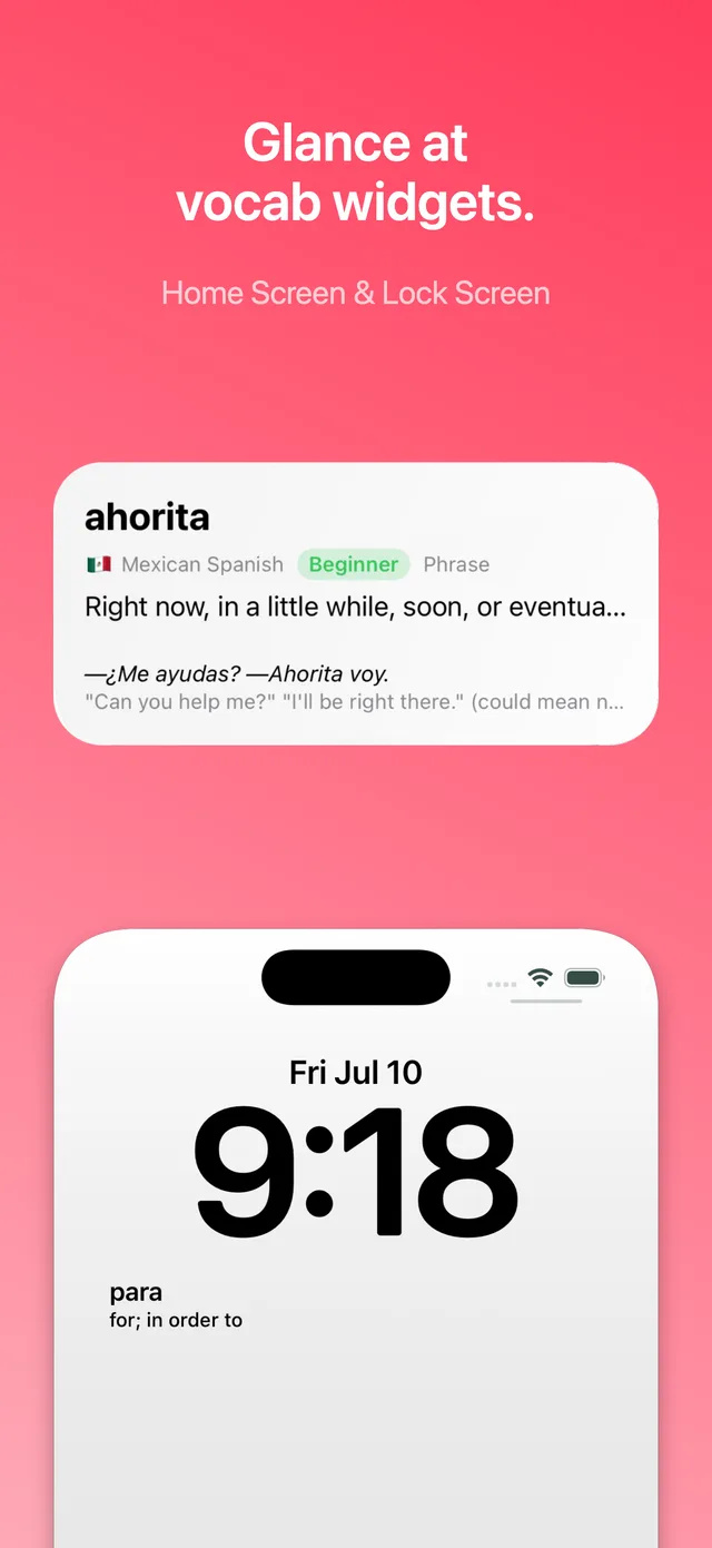 Vocablo vocabulary widgets on an iPhone: a Home Screen widget showing the Mexican Spanish word 'ahorita' with its meaning and example, and a Lock Screen widget showing 'para'