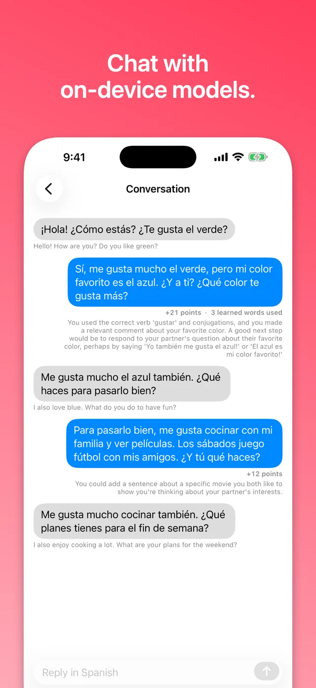 On-device Apple Intelligence conversation practice in Spanish: chatting with Sofía, with per-turn coaching, points, and English translations