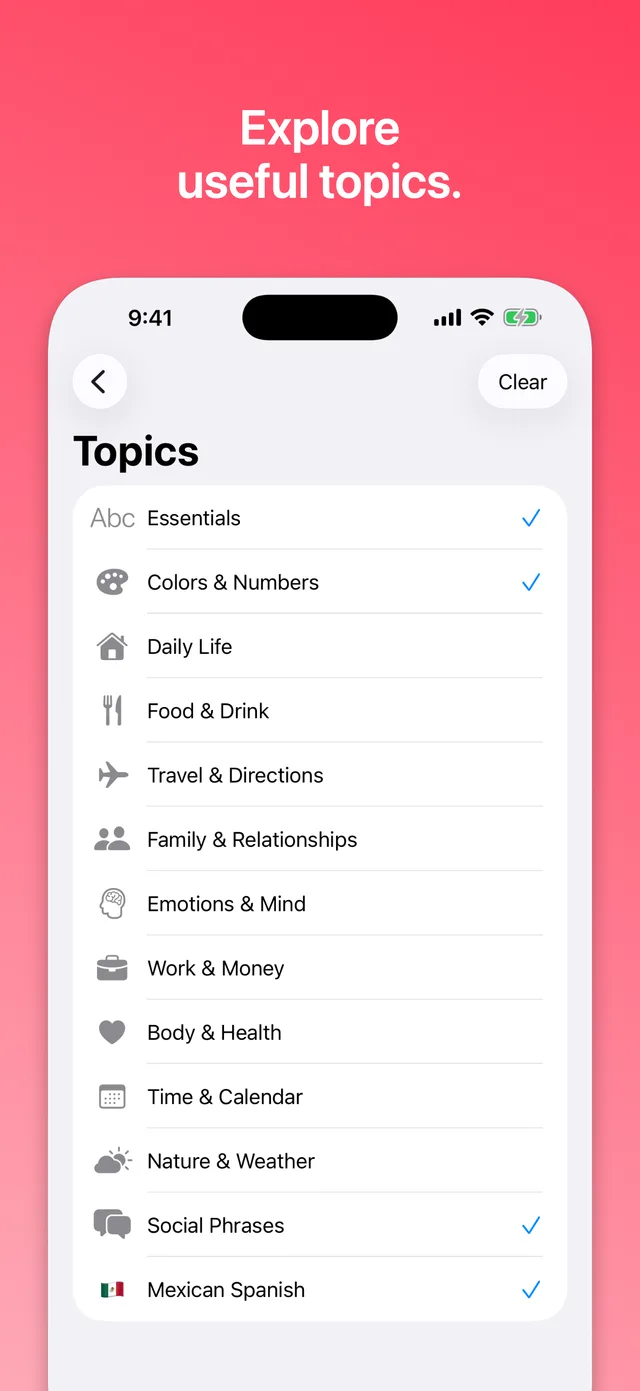 Vocablo's Topics screen listing all 13 topics, from Essentials and Colors & Numbers to Social Phrases and Mexican Spanish