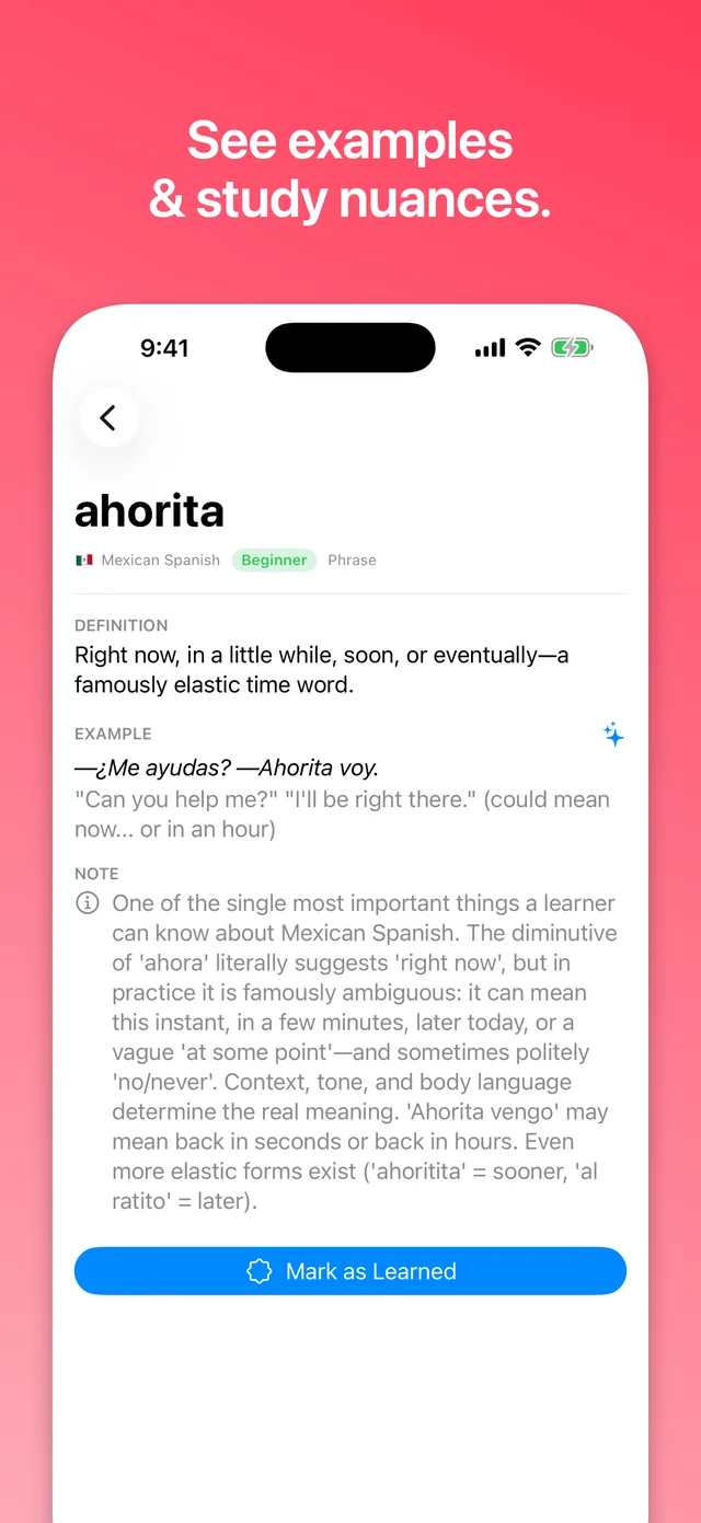 Vocablo word detail screen for the Mexican Spanish word 'ahorita', showing its definition, example sentence, and a cultural usage note