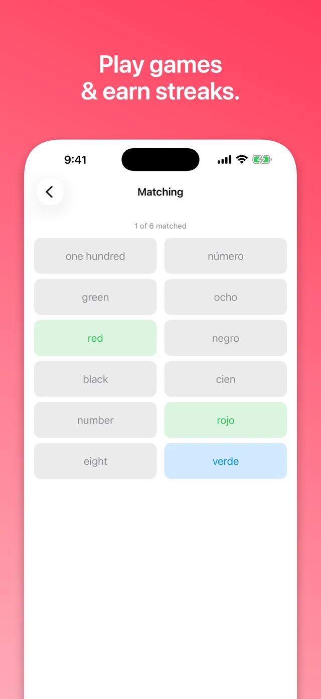 Matching practice game pairing Spanish words like 'rojo' and 'verde' with their English meanings